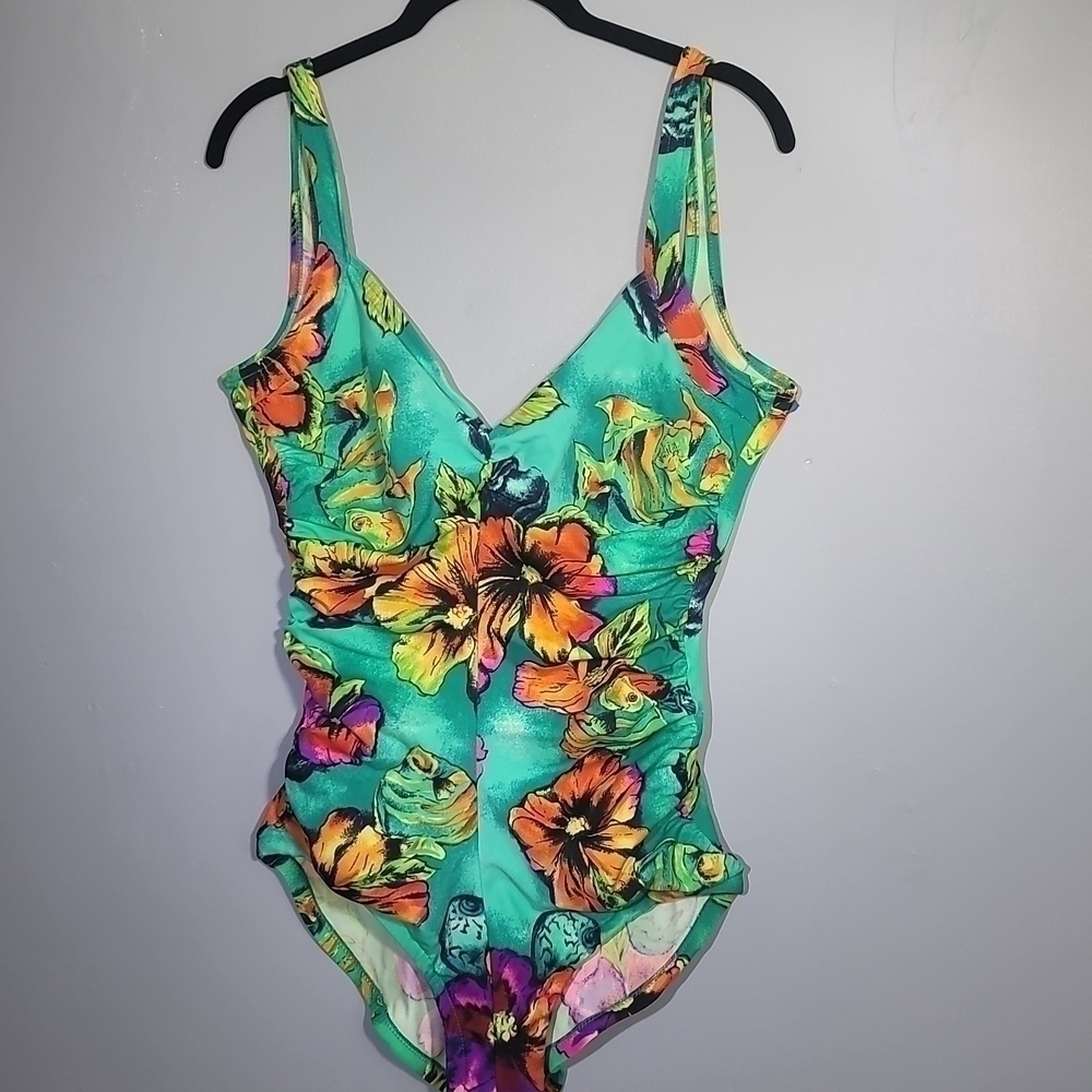 VINTAGE 70's, 80's Gabar Floral Mint Green Ruched One Piece Swimsuit